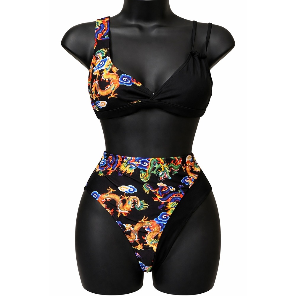Shein Womens High Waisted Bikini Swimsuit Large Black Multicolor Dragon Print